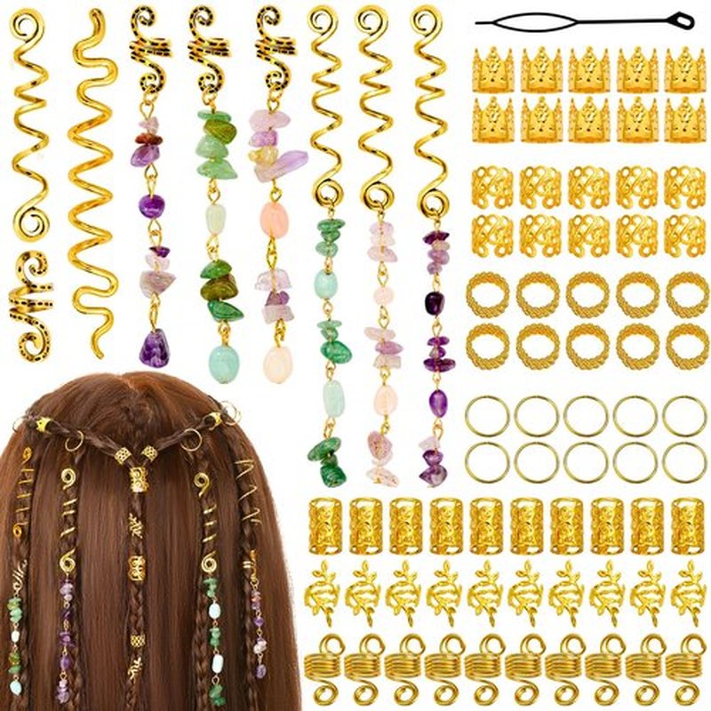 80 Pcs Natural Crystal Stone Dreadlock Accessories, Jollidecor Hair Jewelry for Braids Hair Spirals Gems Charms Adjust Gold Loc Jewelry for Hair Cuffs for Adult Women Braids Hairstyle Decoration