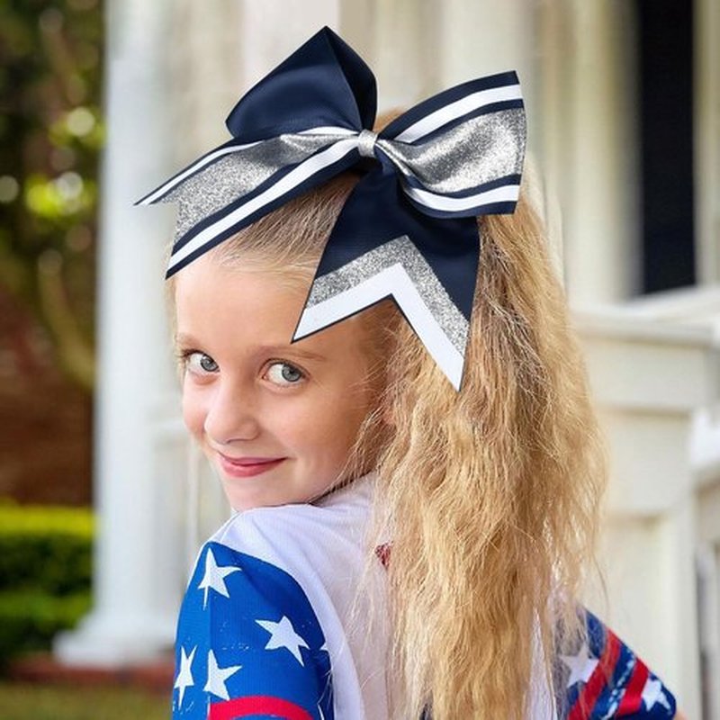 8 PCS Large Glitter Cheer Bows 8" Hair Bows Sparkly Cheerleading Softball Team Bow Hair Ponytail Holder Accessories for cheerleaders football Competition Sports- Silver Navy Blue White