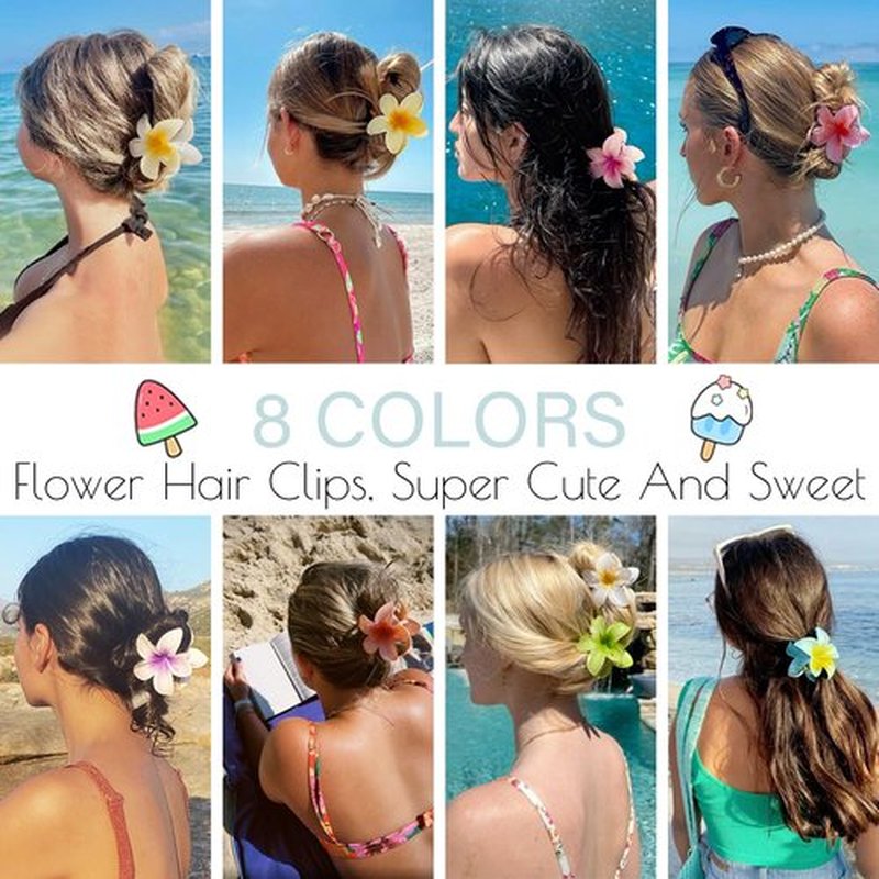 Flower Hair Clips for Women, 8 PCS Hawaiian Claw Clips for Vacation Hibiscus Hair Claw Clips Cute Large Hair Clips for Thick and Thin Hair Plumeria Hair Accessories