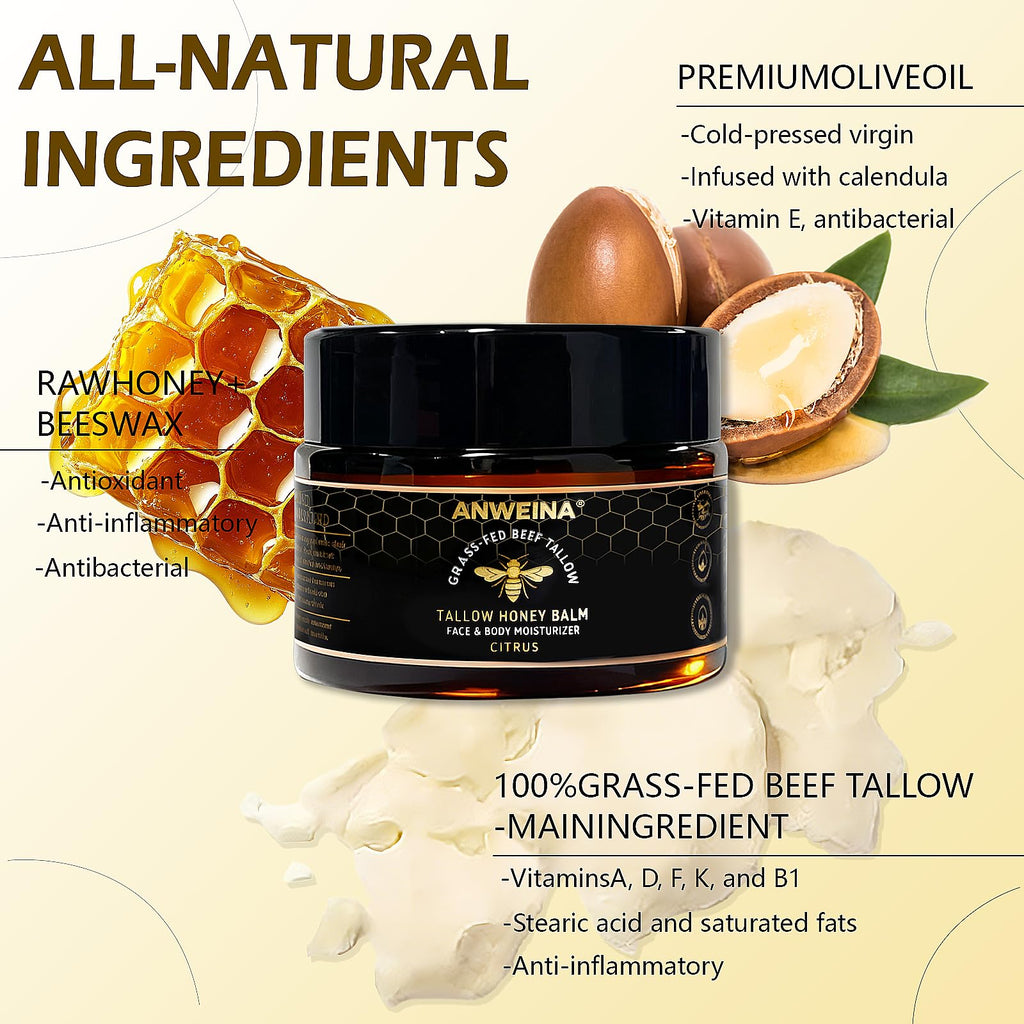 Loobexery Organic Grass-Fed Tallow Honey Balm, Beef-Tallow for Skin Whipped Beef Tallow and HoneyBalm with Raw Honey - Natural Beef Tallow Face Moisturizer for Body & Face (2 Oz)