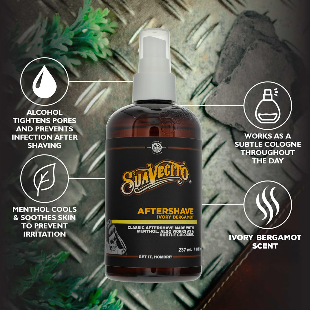 Suavecito Ivory Bergamot Aftershave 8 oz. Pump Spray Bottle - Soothes and hydrates Skin, Prevents Irritation, Helps You Feel Refreshed & Revitalized - Subtle Masculine Fragrance Throughout The Day