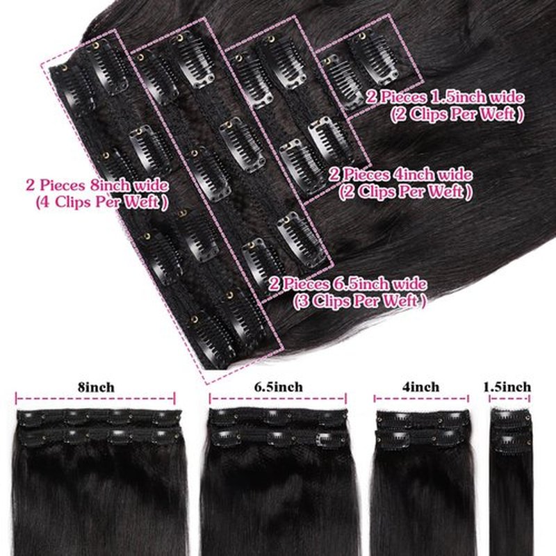 20inch Light Yaki Straight Clip ins, 120G Full Head Real 100% Human Hair Clips for Women Seamless Yaki Clip in Hair Extensions for Thin Hair Natural Black 8Pcs Hair Pieces with Secure Clips