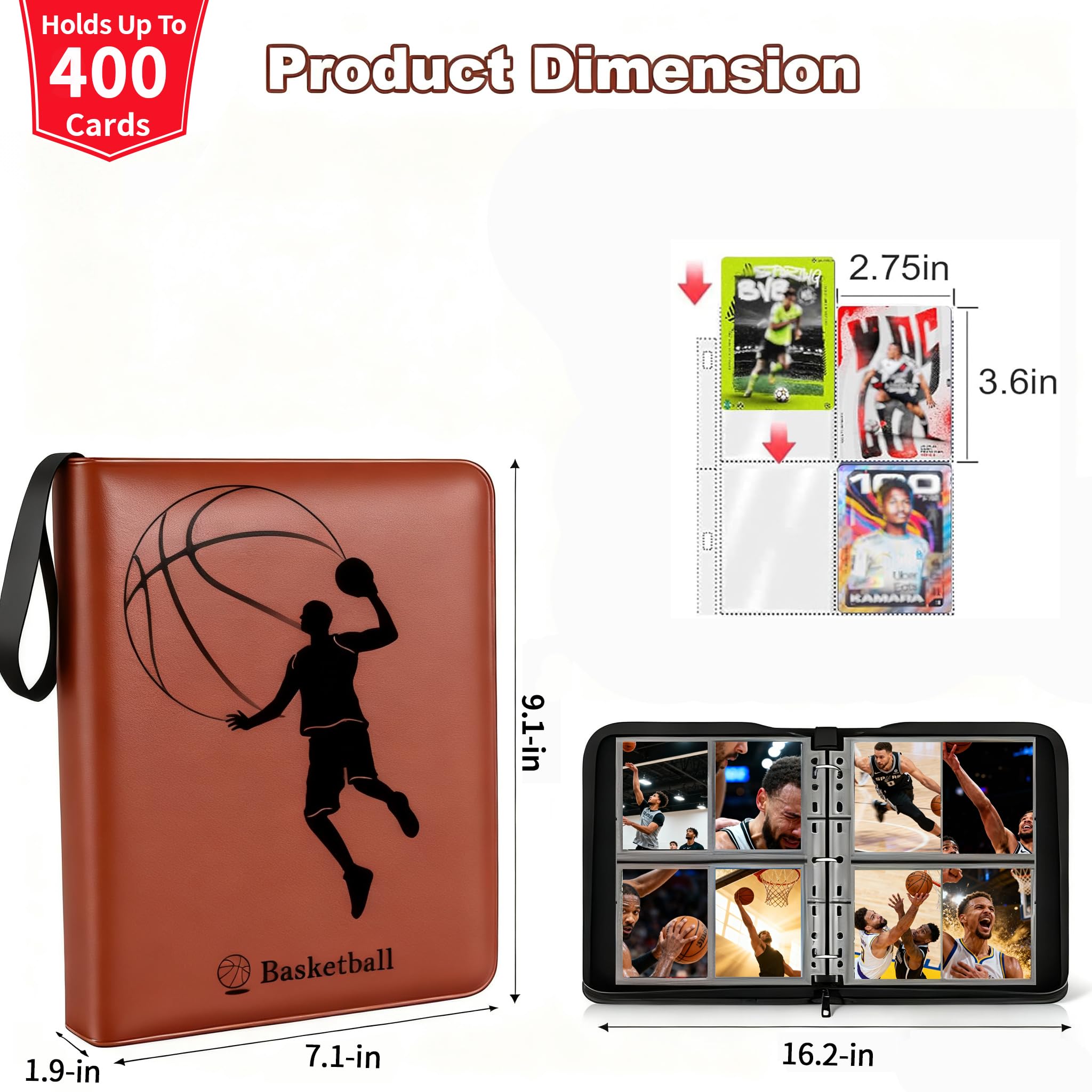 Basketball Card Binder,2025-26 Sports Trading Card with Sleeves Holder Album,400 Pockets Basketball Card Holder,2026 Portable Collection Card Ablum, Game Card Case book With Zipper