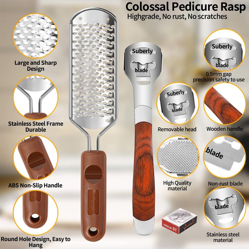 Yihurlm Foot Rasp & Callus Shaver Set,1 Wood Handle Foot Razor with 30 Replacement Slices Blades,1 Foot File Heads,1 Pedicure Feet File,Stainless Steel Feet Care Tools Callus Remover for Feet Hand