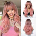 Osicapea Ombre Pink Wigs with Bangs for Women, Natural Wavy Curly Hair Ladies Woman Heat Resistant Synthetic Wig 22 Inch Long Wig for Women's Cosplay Costume Party Daily Use