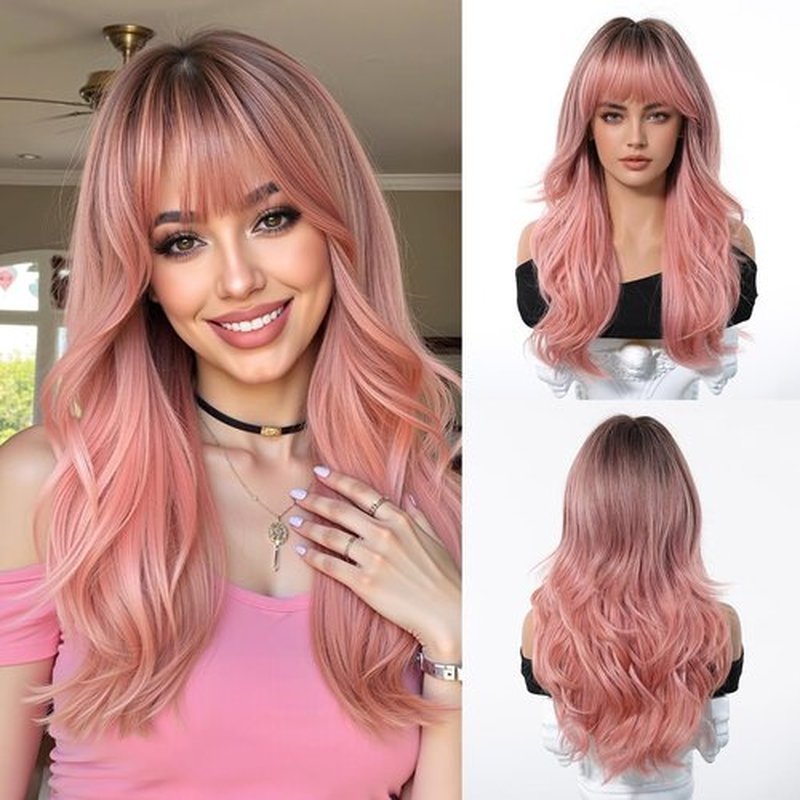 Osicapea Ombre Pink Wigs with Bangs for Women, Natural Wavy Curly Hair Ladies Woman Heat Resistant Synthetic Wig 22 Inch Long Wig for Women's Cosplay Costume Party Daily Use
