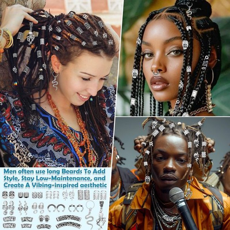 247Pcs Viking Hair Accessories Norse Runes Tube Beads Metal Cuffs Clips Rings, Dreadlock Beads Braids Locs Hair Jewelry Set for Women Men Beard Decoration Bracelets Necklace DIY Silver