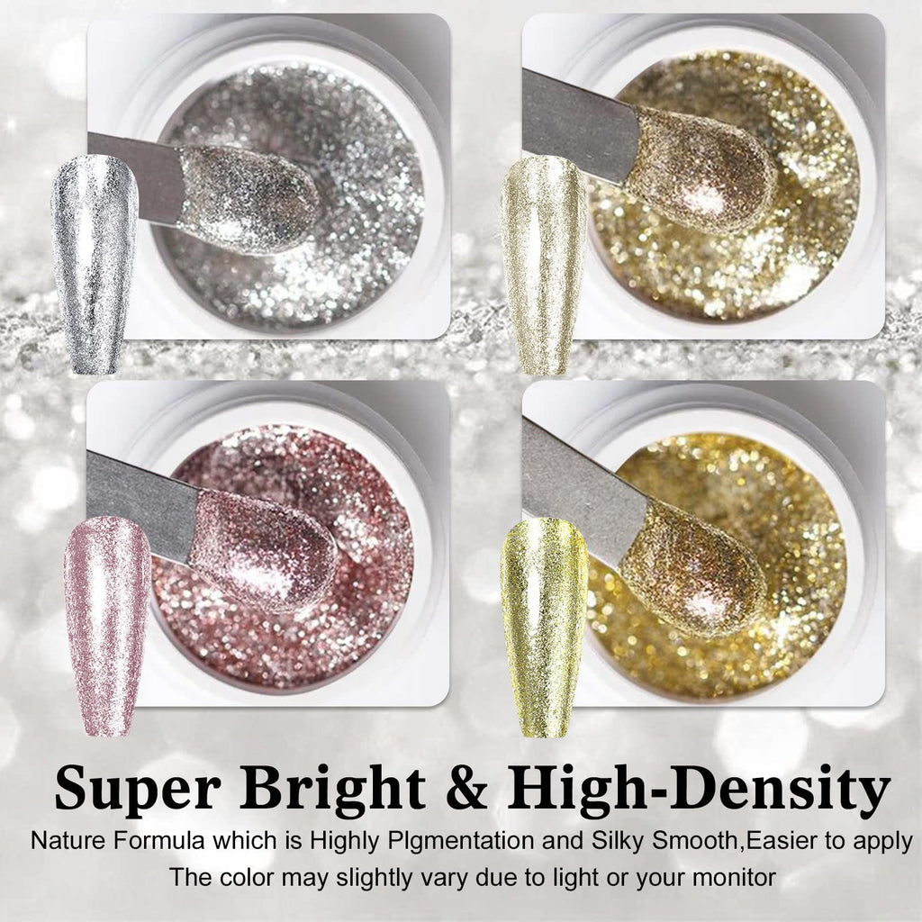 VERONNI Glitter Gel Nail Polish Chrome Platinum Glitter Gel Nail Polish Set, Sparkly Shiny Silver Gold Pink Champagne 4 Colors Nail Art Painting Drawing Home DIY Manicure Nail Salon