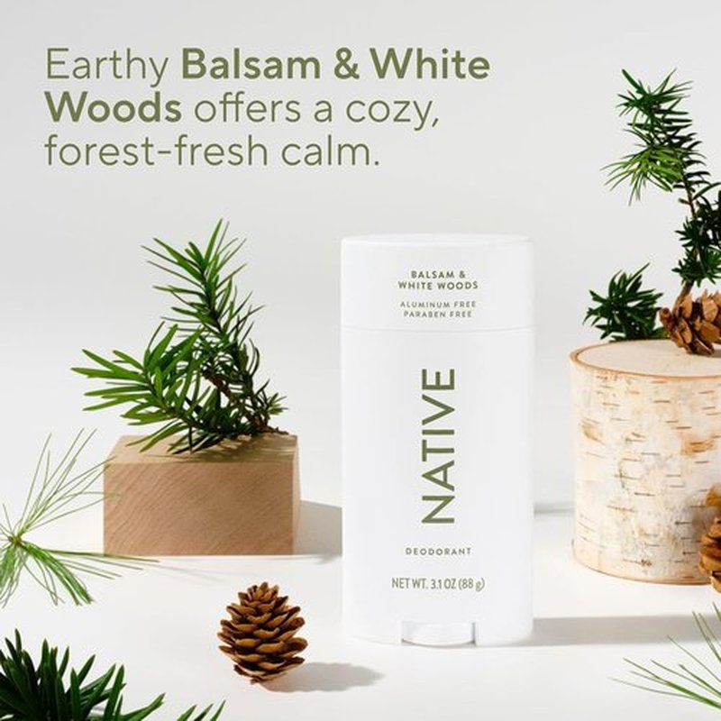 Native Aluminum-Free Deodorant - Balsam & White Woods | 72-Hour Odor Control, 3.1 oz Stick for Men & Women