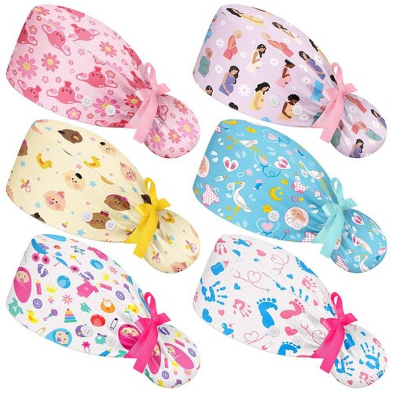 Jamntower 6 Pcs Labor and Delivery Scrub Caps with Sweatband Buttons Nursing Surgical Ponytail Bouffant Cap for Women Footprints Babies in Utero Pattern Adjustable Hat for Long Hair Midwife Obstetrics