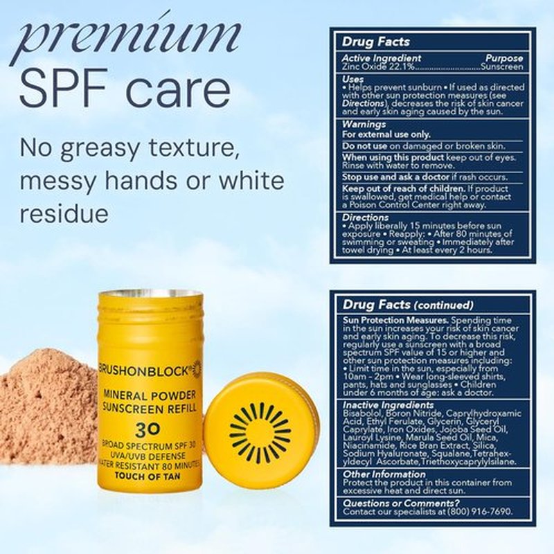 Brush On Block SPF 30 Mineral Powder Sunscreen Refill - New Formula with Niacinamide & Vitamin C | Water Resistant, Reef Friendly (Touch of Tan)