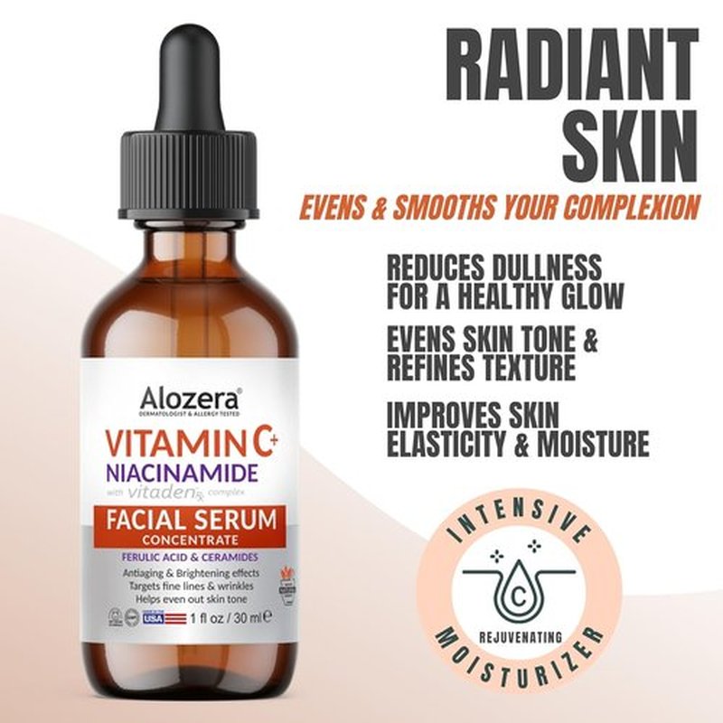 Alozera Vitamin C Facial Serum - Anti-Aging Niacinamide & Ferulic Acid for Radiant Skin | Gentle & Effective