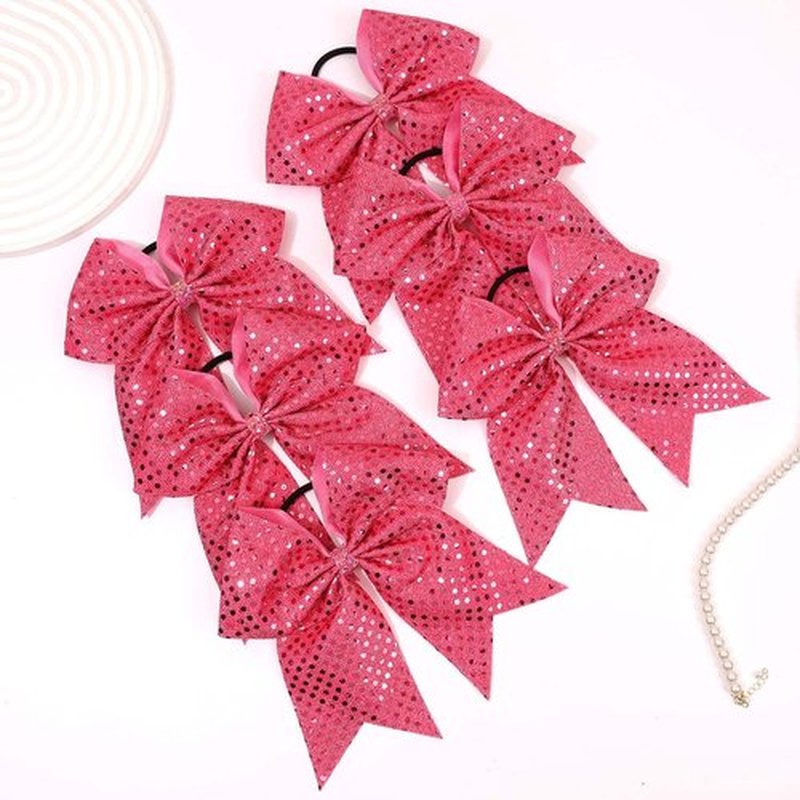 Oaoleer 12pcs Glitter Cheer Bows for Cheerleading, 7” Large Shiny Cheer Hair Bows Ponytail Holder for Cheerleader Girls Softball Sports (Pink)