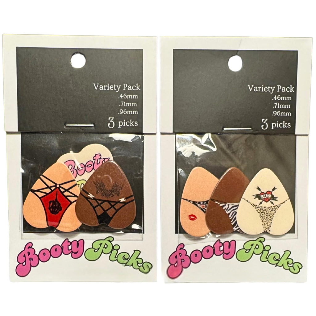 BOOTY PICKS Premium Celluloid BOOTY themed Guitar Picks, BOOTY PICKS Variety Pack with Novelty Designs, Light (.46mm), Medium (.71mm), Heavy (.96mm), (6 count)