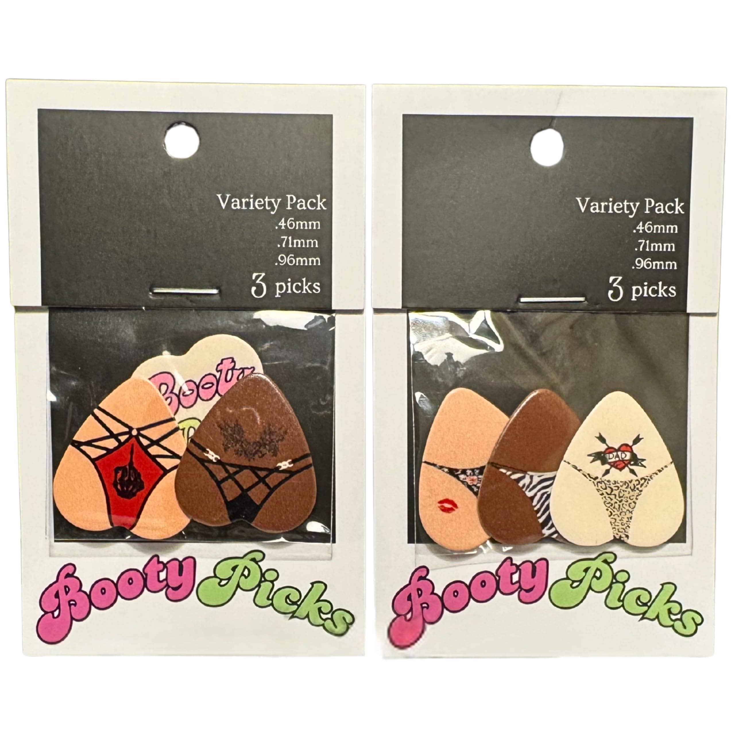 BOOTY PICKS Premium Celluloid BOOTY themed Guitar Picks, BOOTY PICKS Variety Pack with Novelty Designs, Light (.46mm), Medium (.71mm), Heavy (.96mm), (6 count)