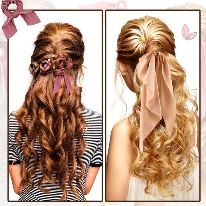 12 Pcs Hair Accessories for Women Hair Bows Scrunchies Scarf Ties Bunny Ears Silk Satin Scrunchies Hair Ribbons Hair Scarf Hair Ties with Bows for Women Lady(Dark Color)