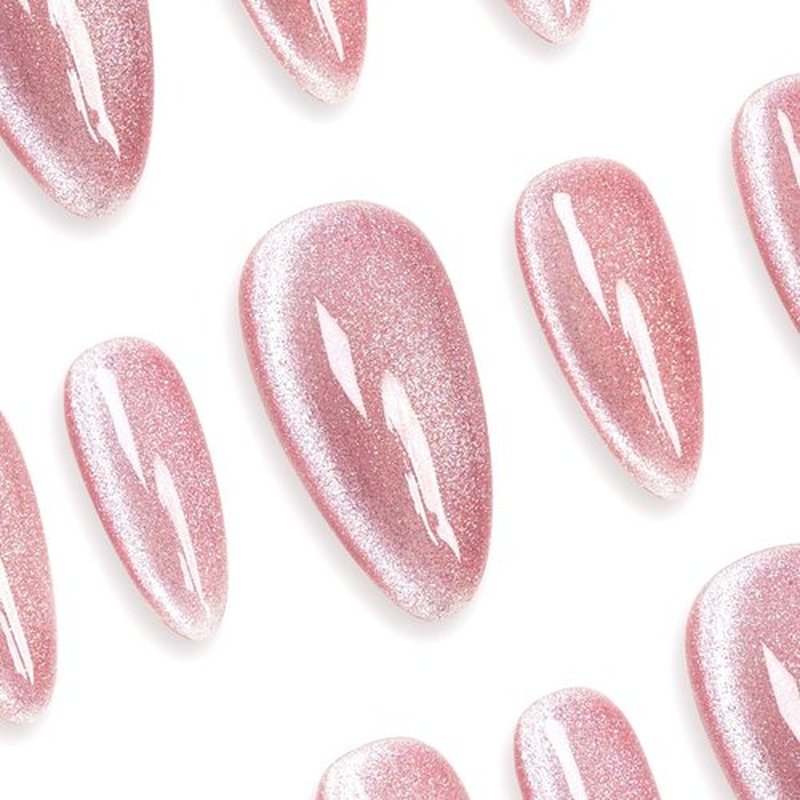 Sun&Beam Nails Handmade Press-on Medium Long Almond Fuchsia Pink Cat Eye Design Charming False Nail Tips 10 Pcs (#124 M)
