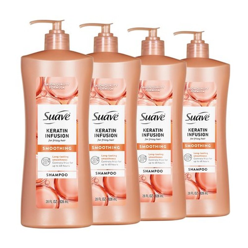 Suave Keratin Infusion Smoothing Shampoo For Frizzy Hair, Anti-Humidity + 48HR Frizz Control, Smooths & Detangles For Easy Styling, 28 FL OZ Pump, 4 Count