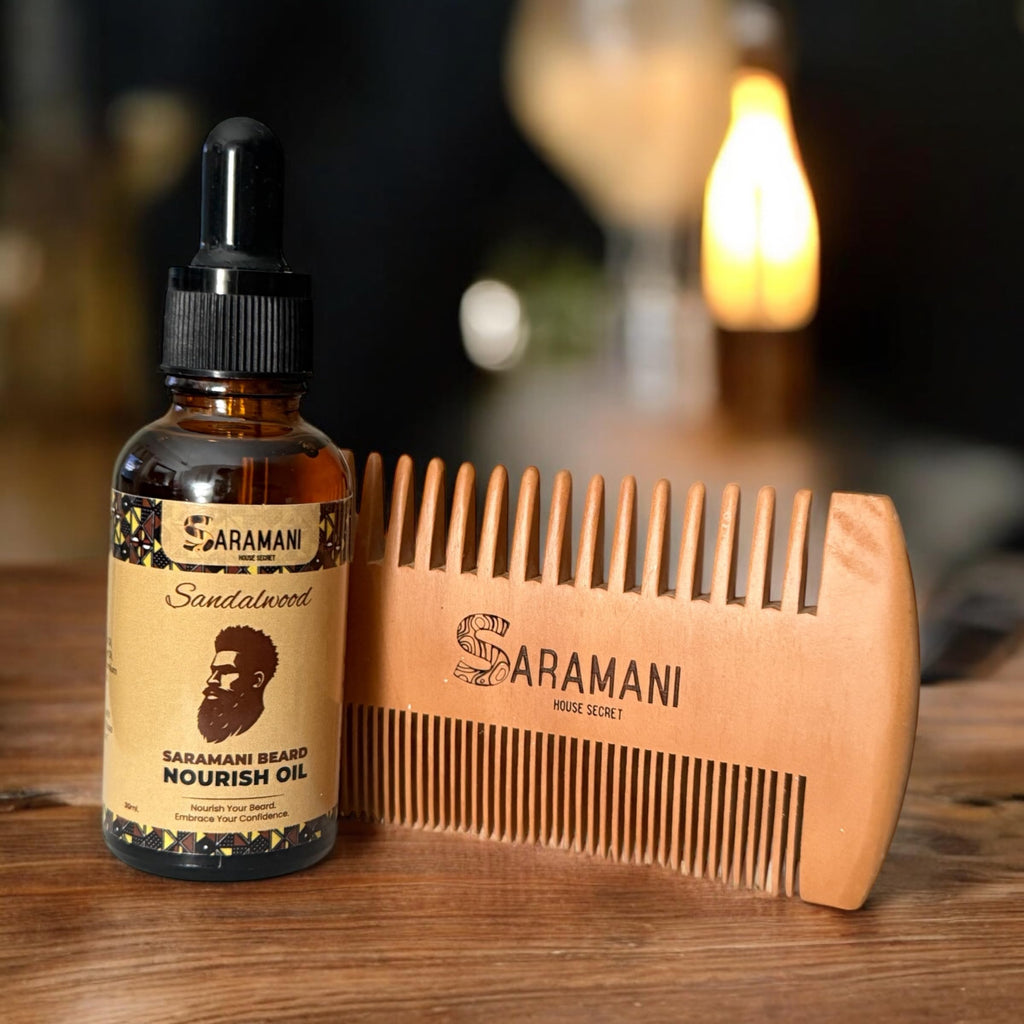 Saramani Beard Grooming Kit for Men – 30ml Sandalwood Beard Oil + Wooden Beard Comb with Vegan Leather Case – Natural Beard Care for Growth, Softening & Conditioning