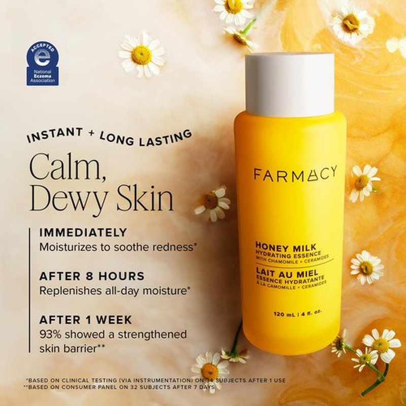Farmacy Honey Milk Face Essence - Hydrating Milky Toner with Honey, Ceramides + Chamomile - Helps Strengthen Skin Barrier + Replenish Moisture - Soothing + Calming Skincare (120ml)