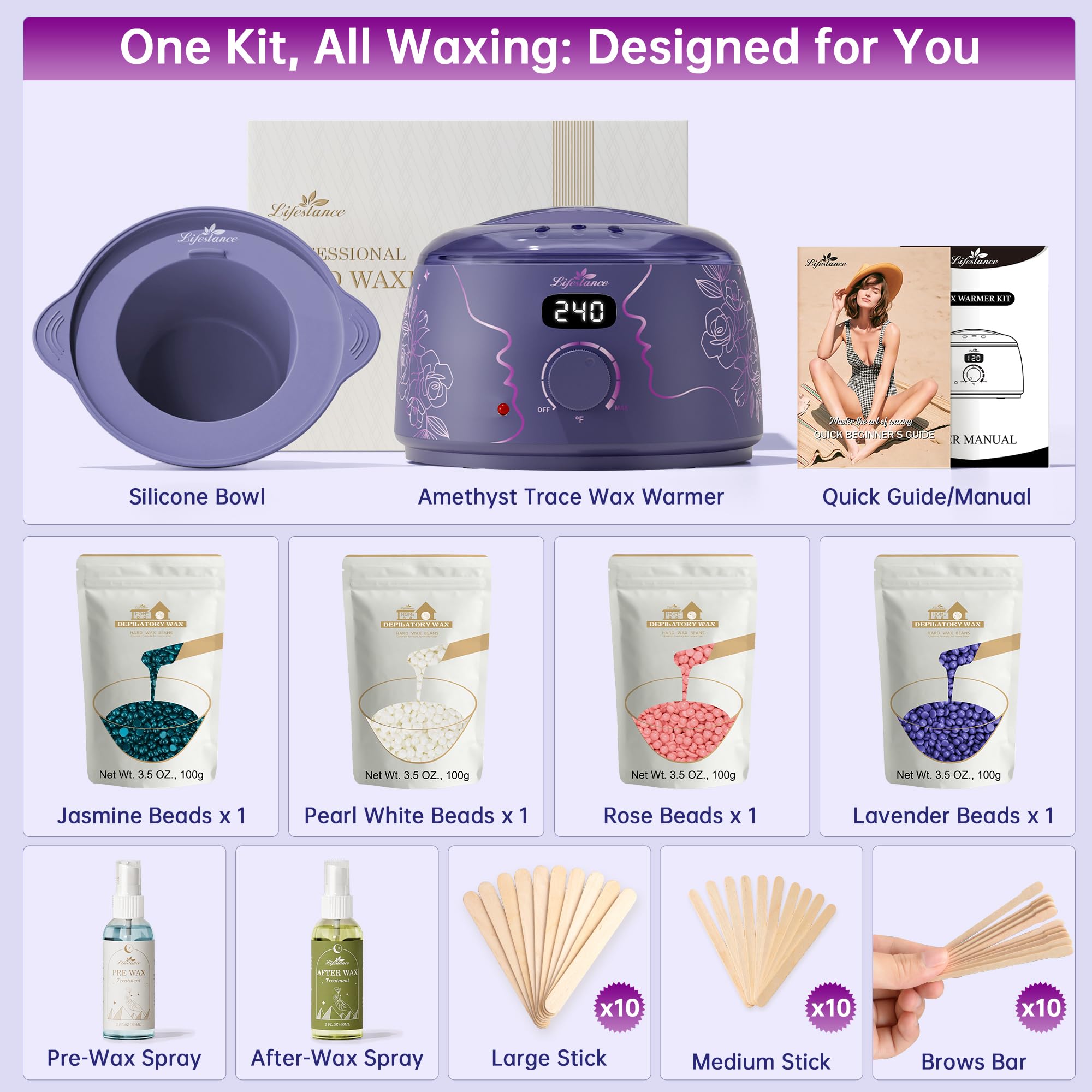Lifestance Waxing Kit for Women & Men - L3 Amethyst Trace Digital Warmer, Silicone Wax Pot Liner, Hair Removal with 14.1oz Hard Wax Beads & Oil Spray, Professional for Home Brazilian Bikini Face Leg