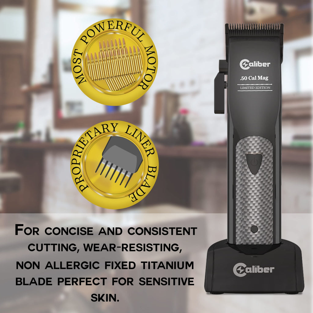 Caliber Pro - .50 Cal Limited Edition Clipper - Long Lasting 8+ Hours of Power - Ultra Low Noise Technology - Rechargeable Powerful Battery - Easy Zero Gap Cut - Hair Grooming Tool for Men (Black)