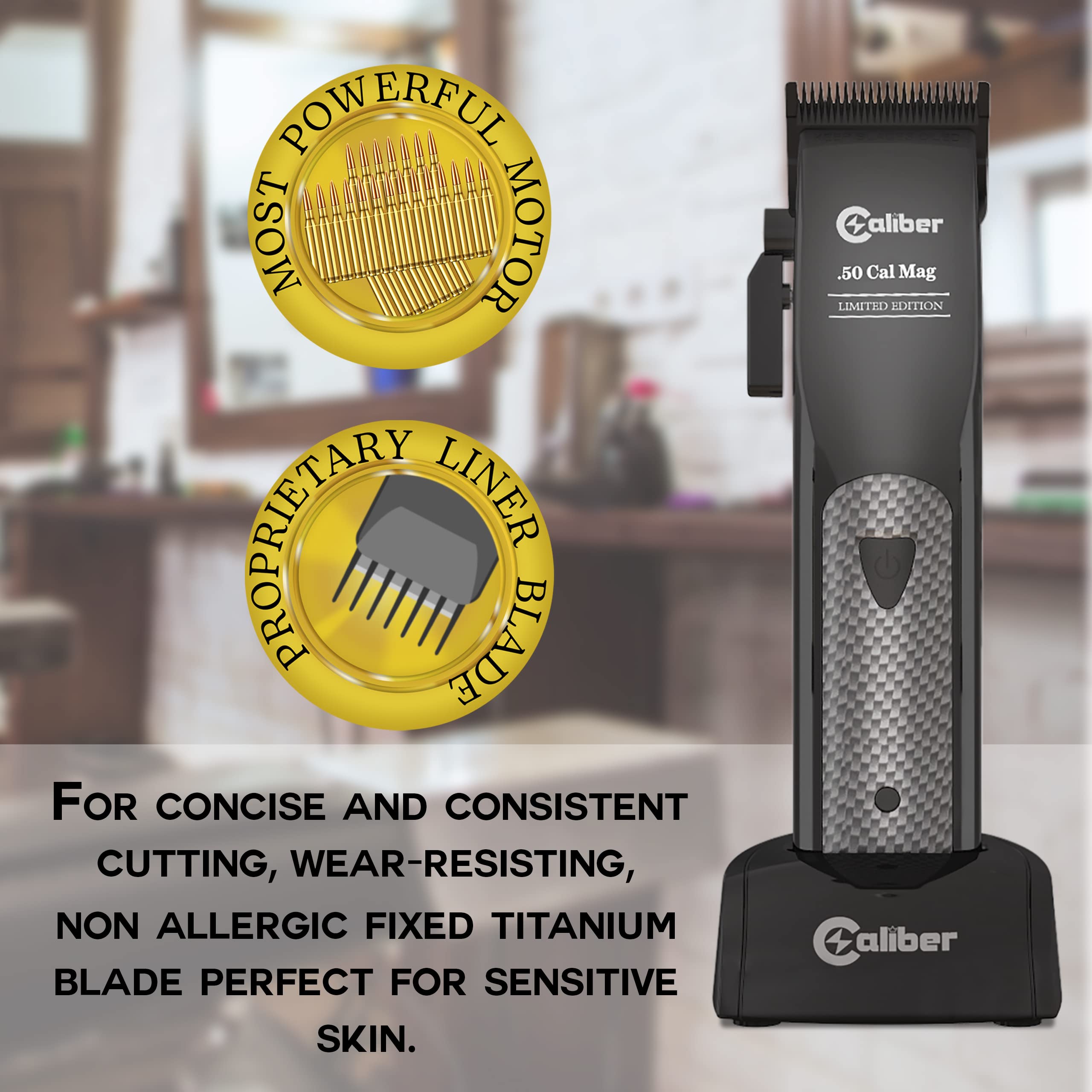 Caliber Pro - .50 Cal Limited Edition Clipper - Long Lasting 8+ Hours of Power - Ultra Low Noise Technology - Rechargeable Powerful Battery - Easy Zero Gap Cut - Hair Grooming Tool for Men (Black)