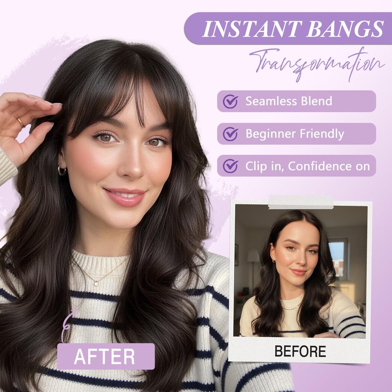 Yorda Bangs Hair Clip 100% Human Hair Clip in Bangs Fringe with Temples Wispy/French Bangs for Women Natural Looking for Daily Use (Wispy Bangs, Brown Black)