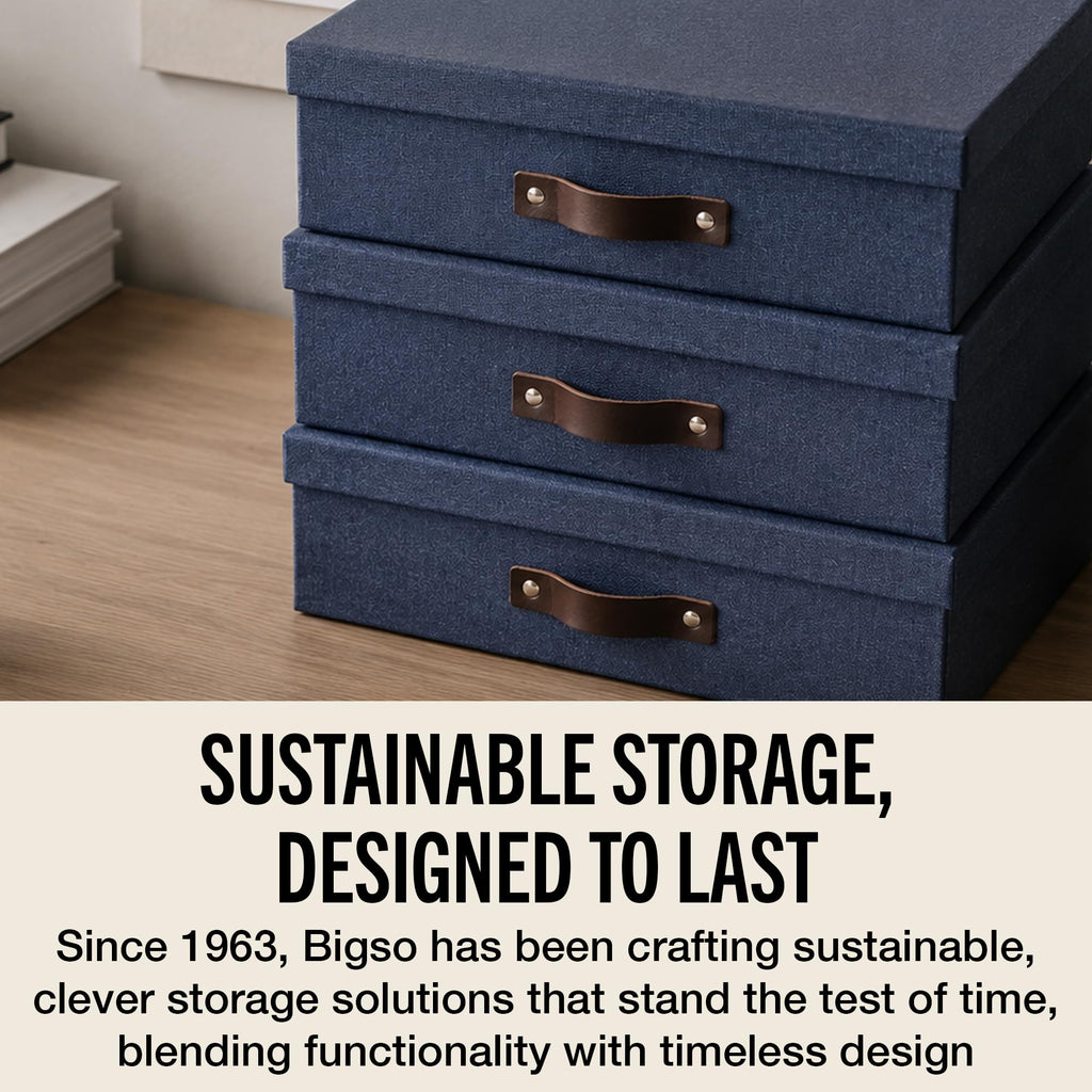 Bigso Oskar Canvas Fiberboard Document Letter Box | File Organizer Document Box for Important Paperwork | Document Storage Box with a Lid & Handle | 3.3″x10.2″x13.8″ | 3 Pack | Blue