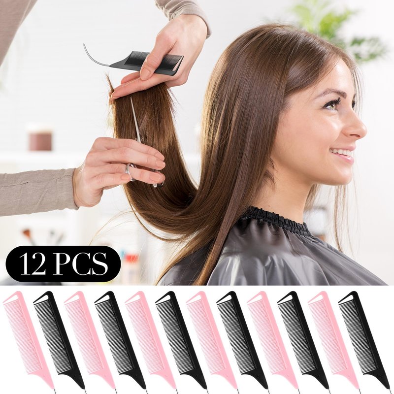 Yoande 12 Pcs C Curved Combs Parting Comb for Braids Hair Rat Tail for Parting Hair Heat Resistant Teasing with Stainless Steel Pintail for Women, Pink, Black