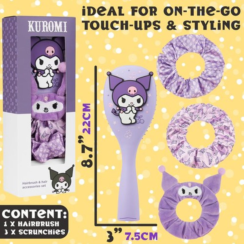 Hello Kitty Sanrio Hair Brush & Scrunchies Set, Kawaii Valentines Day Gifts for Women, Wife, Girlfriend, Girls, Teens, Kuromi, Cinnamoroll Cute Stuff, Detangler Brush (Kuromi Brush & Scrunchies)
