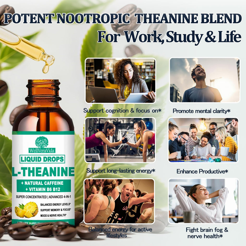 WellVeraVida L Theanine Caffeine Liquid Drops, High Potency L-Theanine 100mg w. Caffeine Vitamin B12 B6, Natural Nootropic Brain for Smooth Energy Focus Alertness, 6X Stronger Than Pills Powder Gum