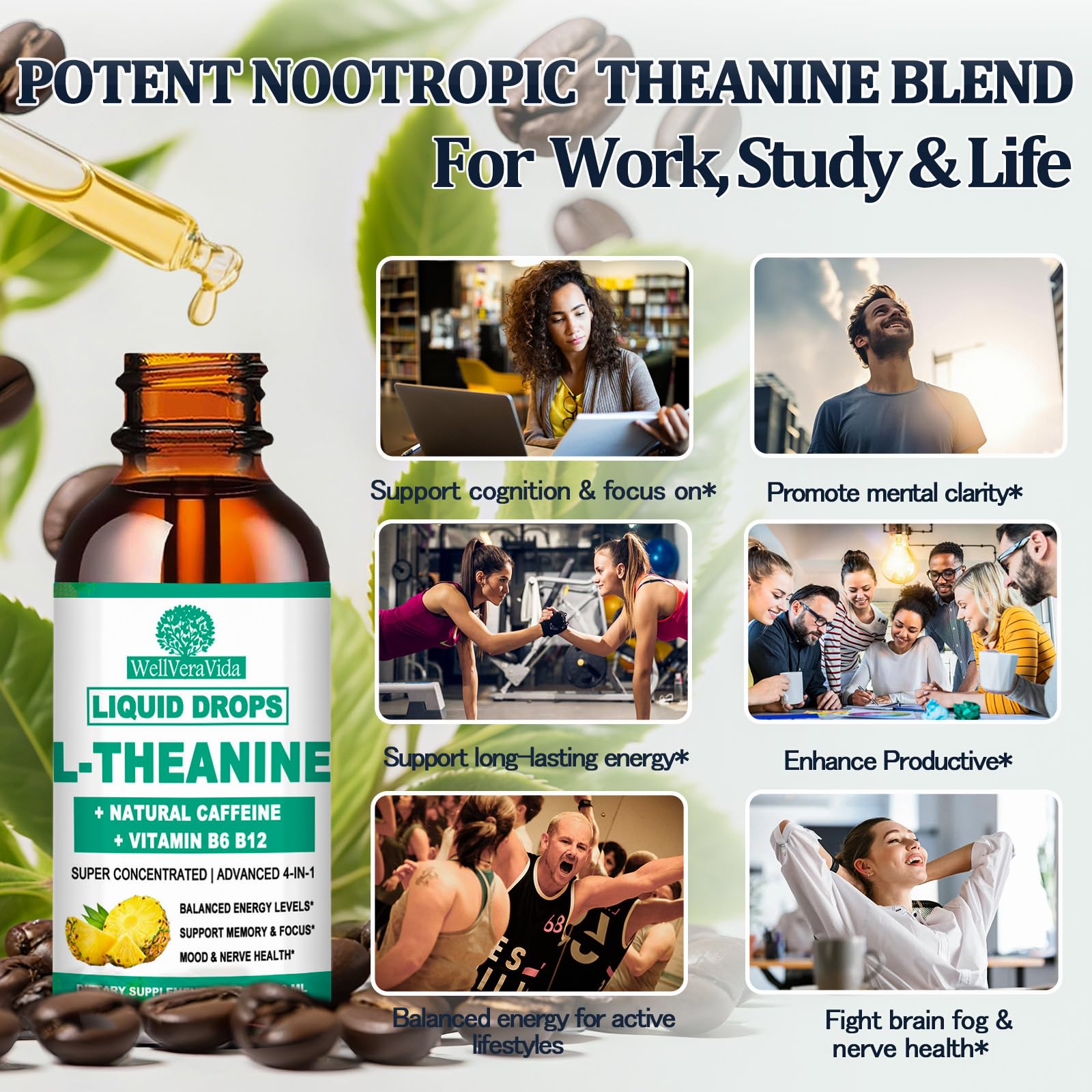 WellVeraVida L Theanine Caffeine Liquid Drops, High Potency L-Theanine 100mg w. Caffeine Vitamin B12 B6, Natural Nootropic Brain for Smooth Energy Focus Alertness, 6X Stronger Than Pills Powder Gum
