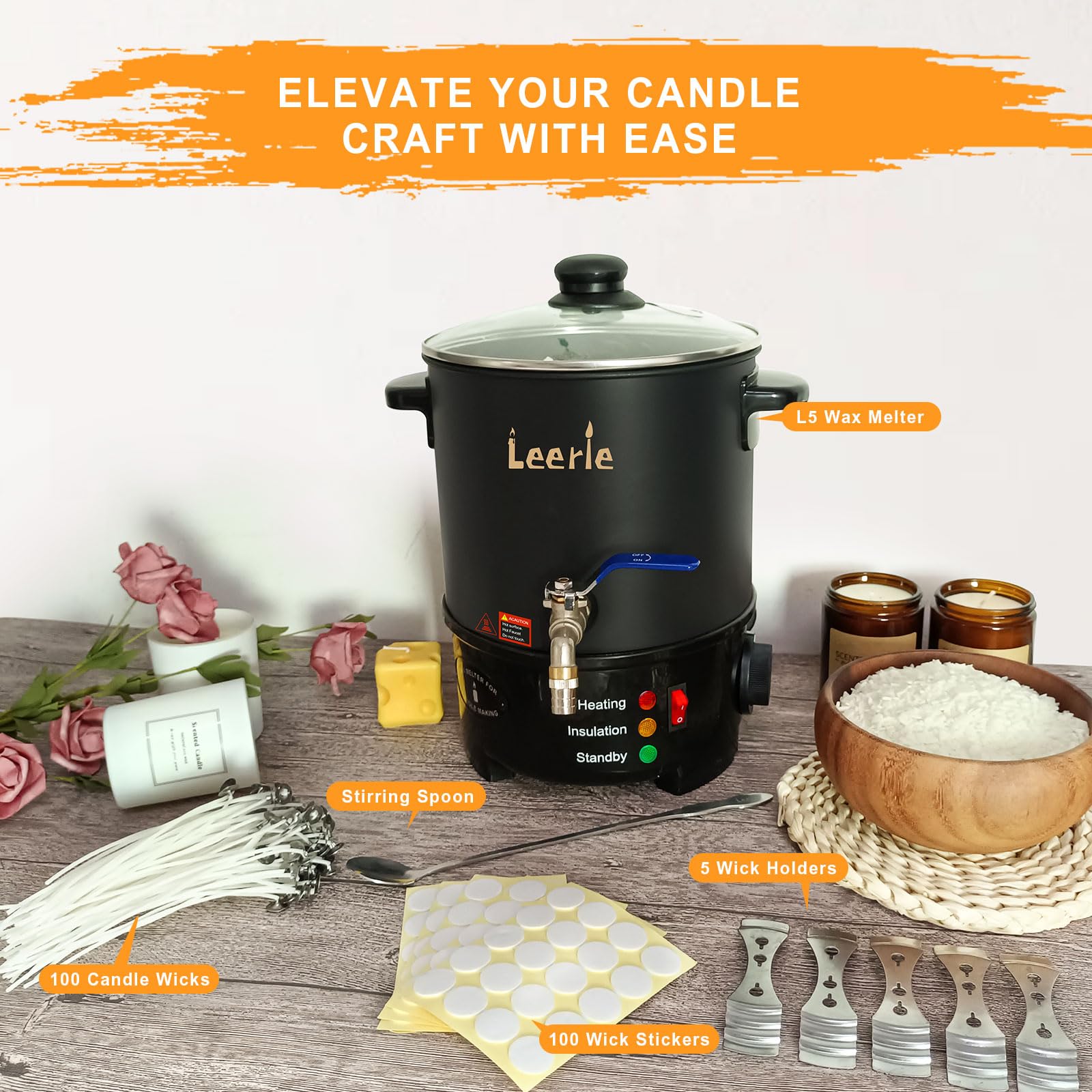 Leerie 10Lbs Wax Melter for Candle Making - L5 Candle Wax Melting Pot with Heating Core Brass Spout & Temp Control for DIY Home Business Candle Maker for Candle Making Supplies (L5-US-110V)