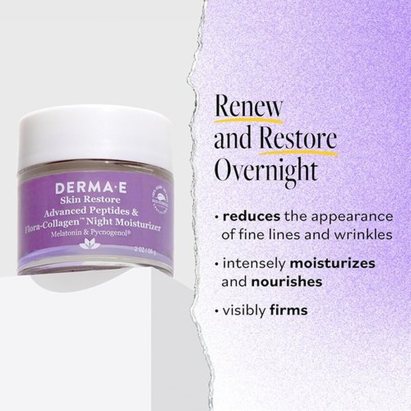Derma E Advanced Peptides Night Moisturizer - Hydrating Vegan Flora-Collagen Cream for Elasticity & Wrinkle Reduction, 2 Oz