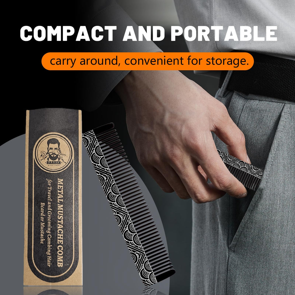 Metal Beard & Mustache Comb - Pocket Comb with 3D Pattern Design, Fine & Wide Teeth for Precise Styling - Durable, Compact, Travel-Friendly Grooming Tool for Facial Hair Care (4.65inch) - Cloud