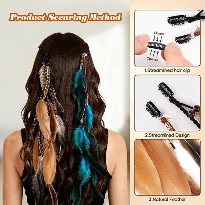 FeelfunFeather Feathers Hair Extensions for Women Boho Clip-in Hair Feather Accessories for Mardi Gras Performances Photo Shoots Carnival Party Headdress Accessory- long, Natural+Blue(2 Pcs)