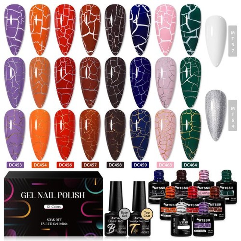 MTSSII 12pc Crackle Gel Nail Polish Set - 8 Colors, Amazing Crackle Effect, Long-lasting, UV LED Lamp Needed