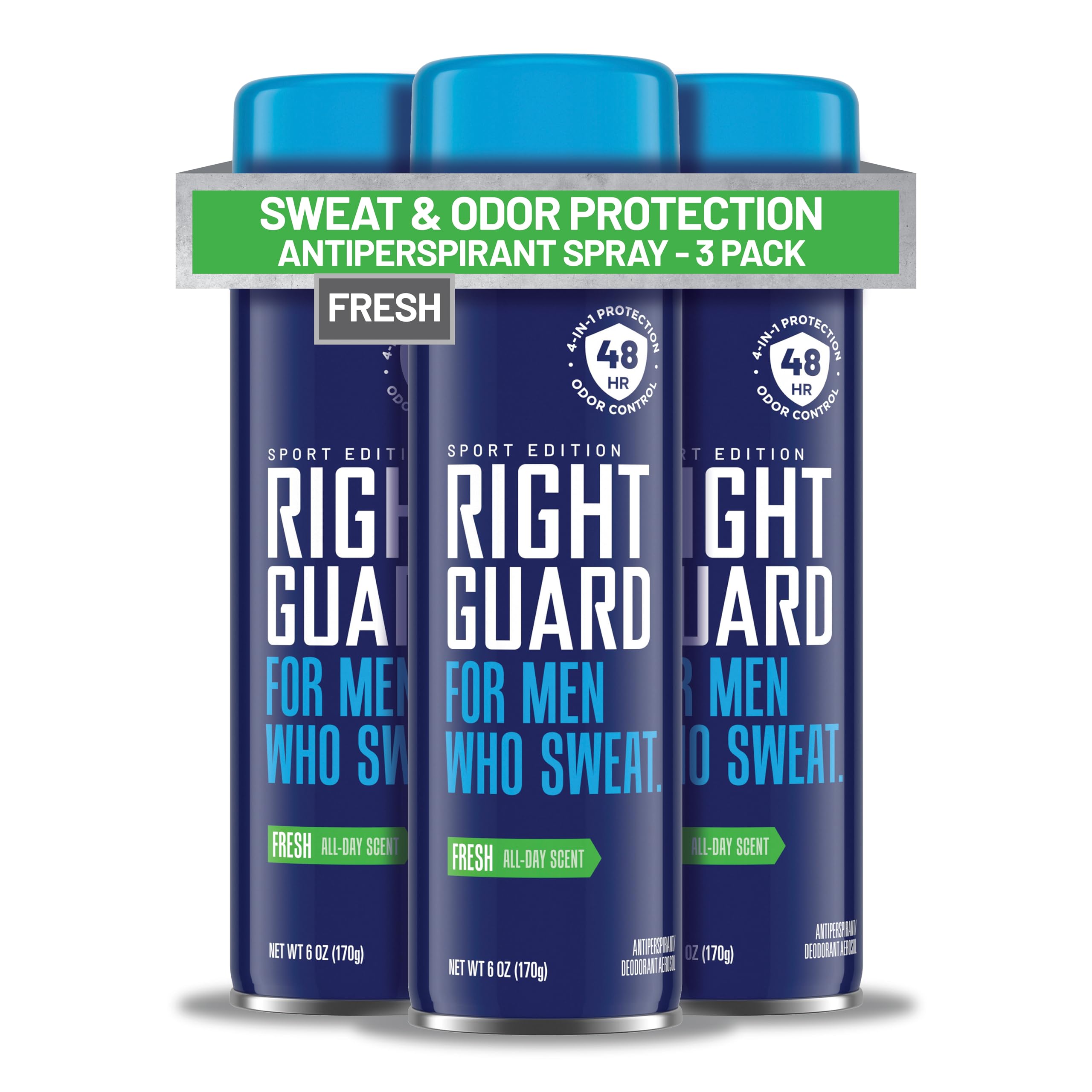 Right Guard Sport Fresh Scent Antiperspirant & Deodorant Spray - 4-in-1 Protection Spray Deodorant for Men, Blocks Sweat, 48-Hour Odor Control, Quick-Drying, & Long-Lasting, 6oz (3 Pack)