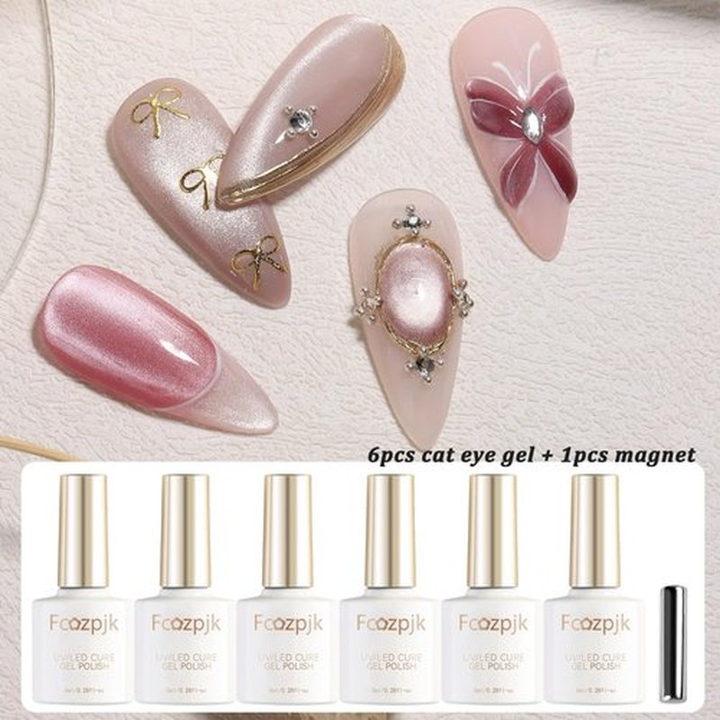 Fcozpjk Cat Eye Gel Nail Polish Set with Magnet Stick, 6 Colors Sheer Jelly Red Nude Pink Brown Gold Glassy Cateye Effect Magnetic Gel Polish Translucent Gels Manicure Salon Supplies Women Gift 8ML