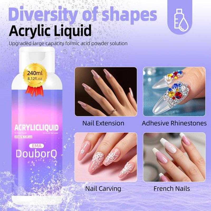 Douborq Acrylic Liquid Monomer for Nail Art, 240ml/8.12 fl.oz, with Brush and Cup