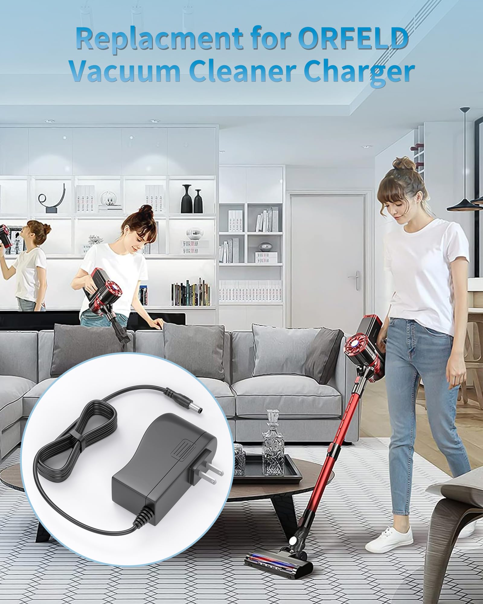 Replacment for PRETTYCARE Vacuum Charger Compatible with PRETTYCARE W100 W200 W300 W400 20KPa 22.2V 180W Power Cord Adapter for ORFELD H01 EV679 V20 EV660 EV696P Cordless Vacuum Cleaner Charger 6FT