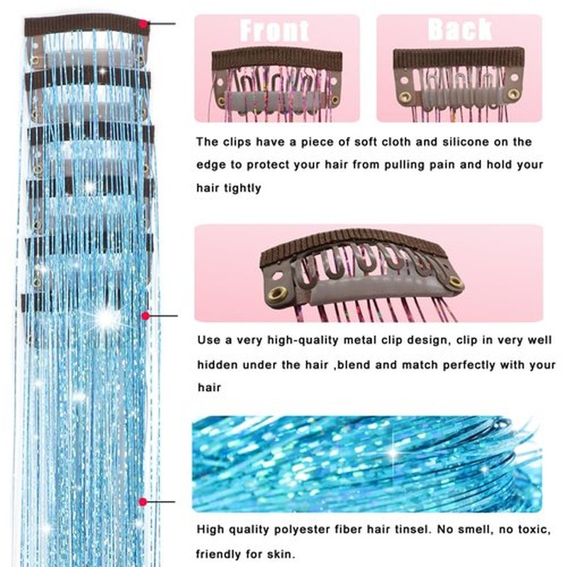 Obinying Hair Tinsel 18 Pcs Hair Tinsel Clip in 20.5 Inch Glitter Tinsel Hair Extensions Clip in Hair Tinsel Kit Party Festival Fairy Hair Accessories for Girls Women Kids (Sky Blue)