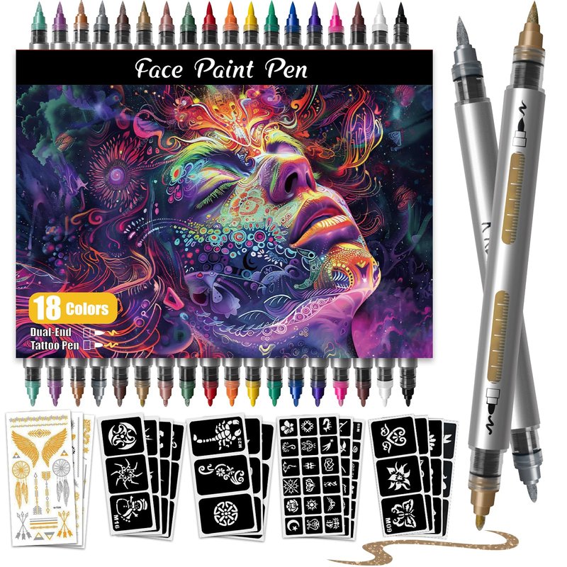 Water Resistant Face Paint Tattoo Pen - 18Pcs Temporary Tattoo Markers for Skin Dual-End Visible Capacity Henna Body Tattoo Kit, Body Painting Kit, Teen Girl Gifts Trendy Stuff for Teenage Adults