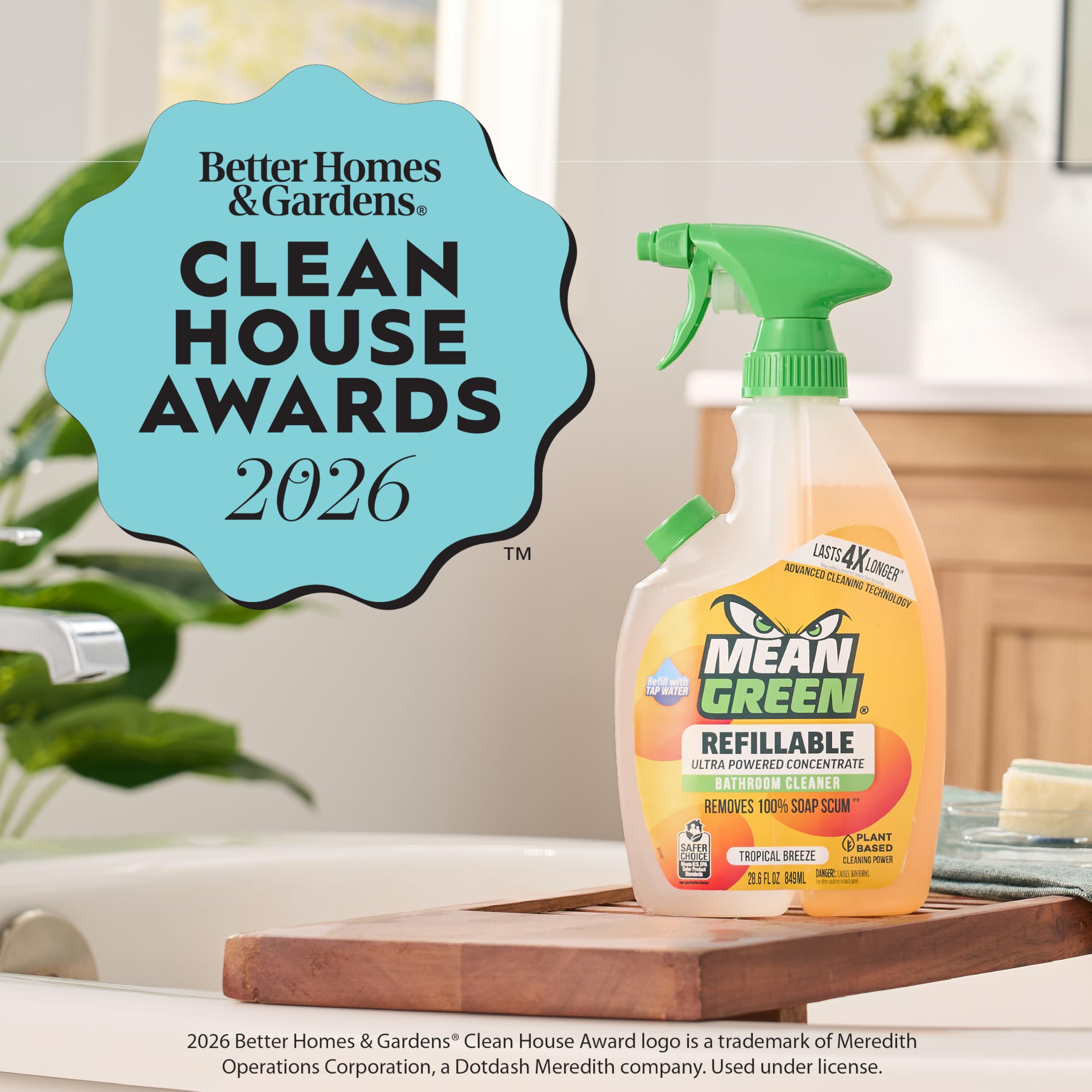 Mean Green Refillable Ultra Powered Bathroom Cleaner Concentrate, Tropical Breeze, 14.3 fl oz (2-Pack) – Plant & Mineral Based, Removes 100% of Soap Scum, Refillable Bottle Makes 4X Refills