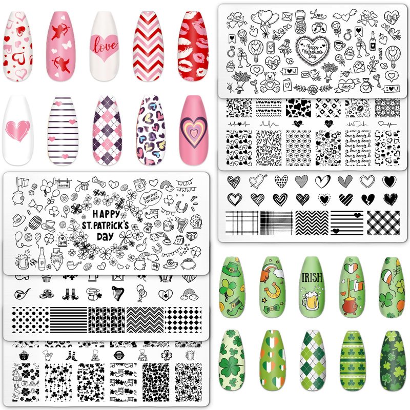 Whaline 6Pcs St. Patrick's Day Valentine Nail Art Stamping Plates Kit Love Heart Spring Shamrock Image Stamp Templates Nail Art Plates Set for DIY Print Manicure Salon Design