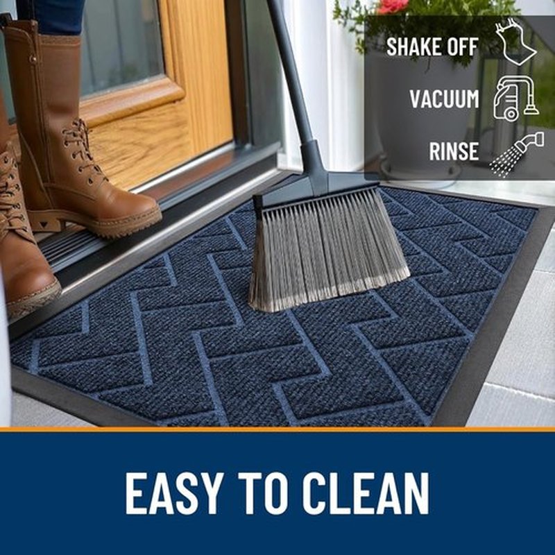 OLANLY Waterproof Front Door Mat - All-Season Indoor/Outdoor Doormat, Easy Clean Herringbone Design (Blue, 47x23)