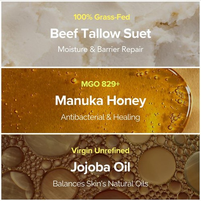 100% Grass-Fed Suet Beef Tallow and Manuka Honey Balm Natural Moisturizer Cream for Face & Body Eczema Relief Cream Moisturizer for Dry Skin Pure Tallow Face Moisturizer for Sensitive Skin