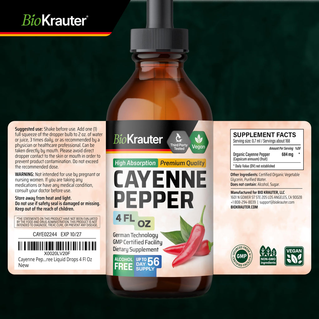 BIO KRAUTER® Cayenne Pepper for Circulatory & Digestive Support - Pure Vegan Capsaicin Supplements - 4 Fl.Oz Cayenne Pepper Drops - Natural Capsaicin, Alcohol & Sugar Free, 56 Days of Supply