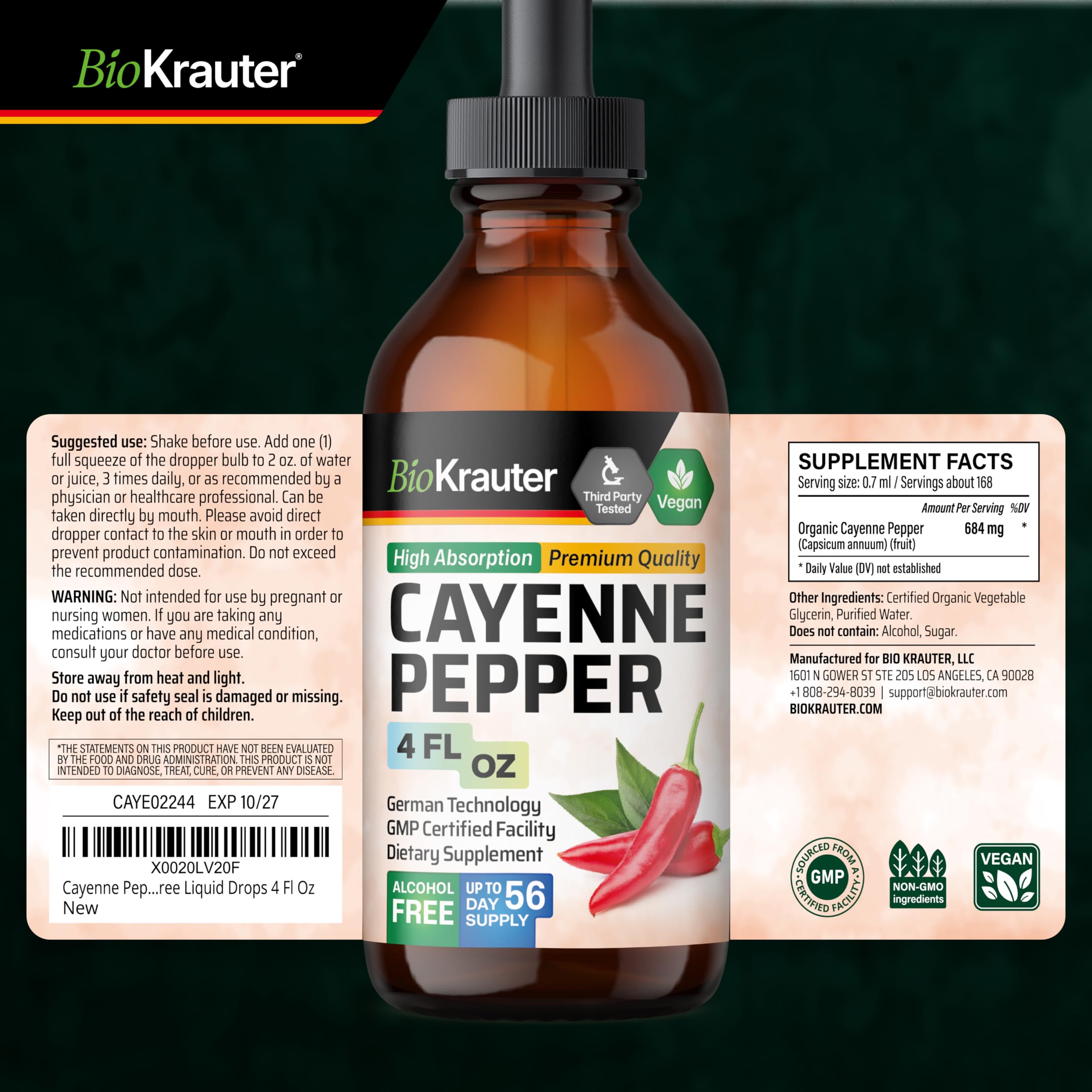 BIO KRAUTER® Cayenne Pepper for Circulatory & Digestive Support - Pure Vegan Capsaicin Supplements - 4 Fl.Oz Cayenne Pepper Drops - Natural Capsaicin, Alcohol & Sugar Free, 56 Days of Supply